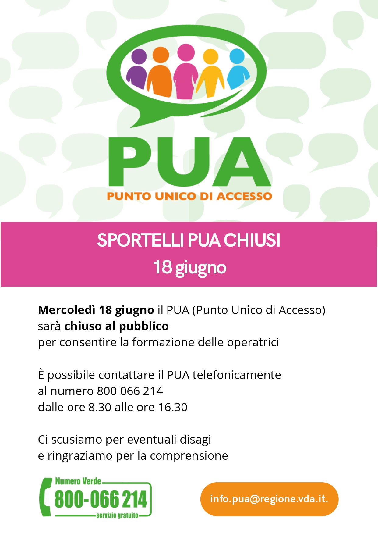 CHIUSURA SPORTELLO PUA 18 GIUGNO 2025 PER FORMAZIONE OPERATORI